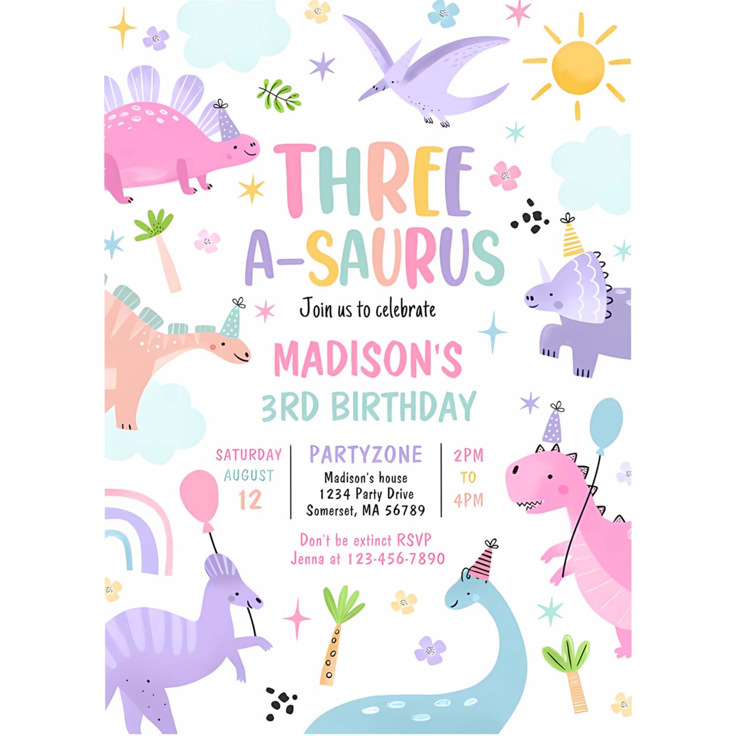 Dinosaur three a saurus 3rd birthday party invitation n20m 4