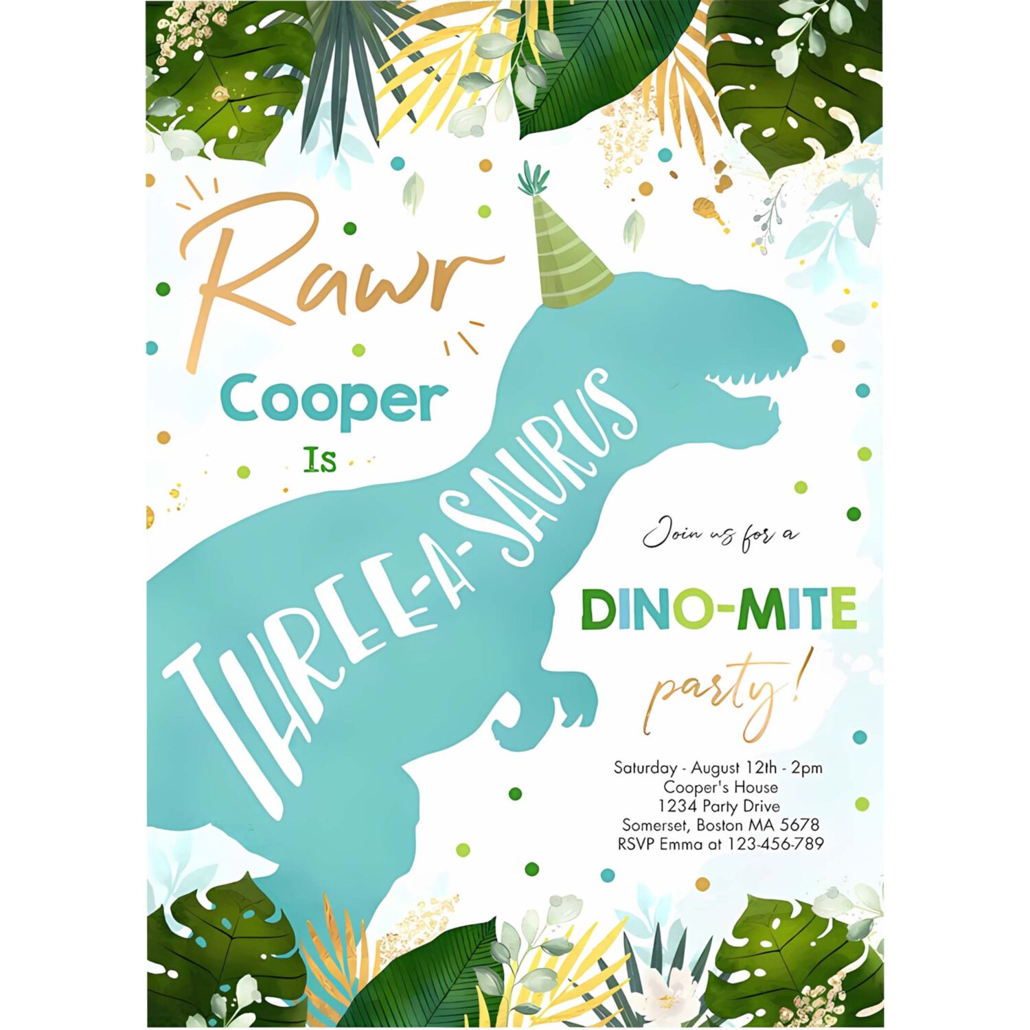 Dinosaur three a saurus party dino 3rd birthday invitation k57q 4