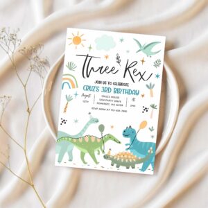 Dinosaur three rex 3rd birthday party invitation d38j 1