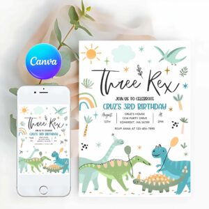 Three Rex Invitation, Dinosaur Three Rex 3rd Birthday Party Invitation
