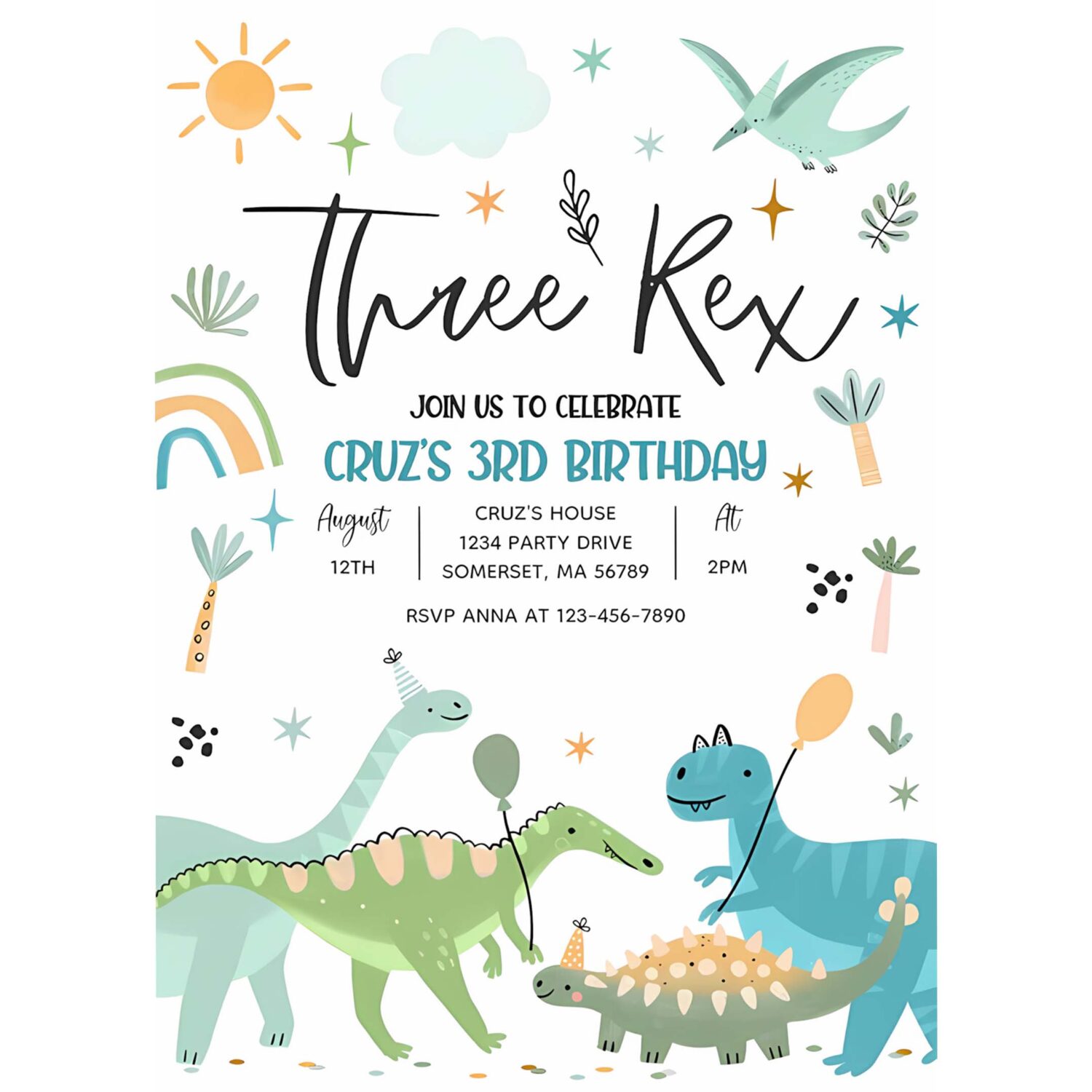 Dinosaur three rex 3rd birthday party invitation d38j 4