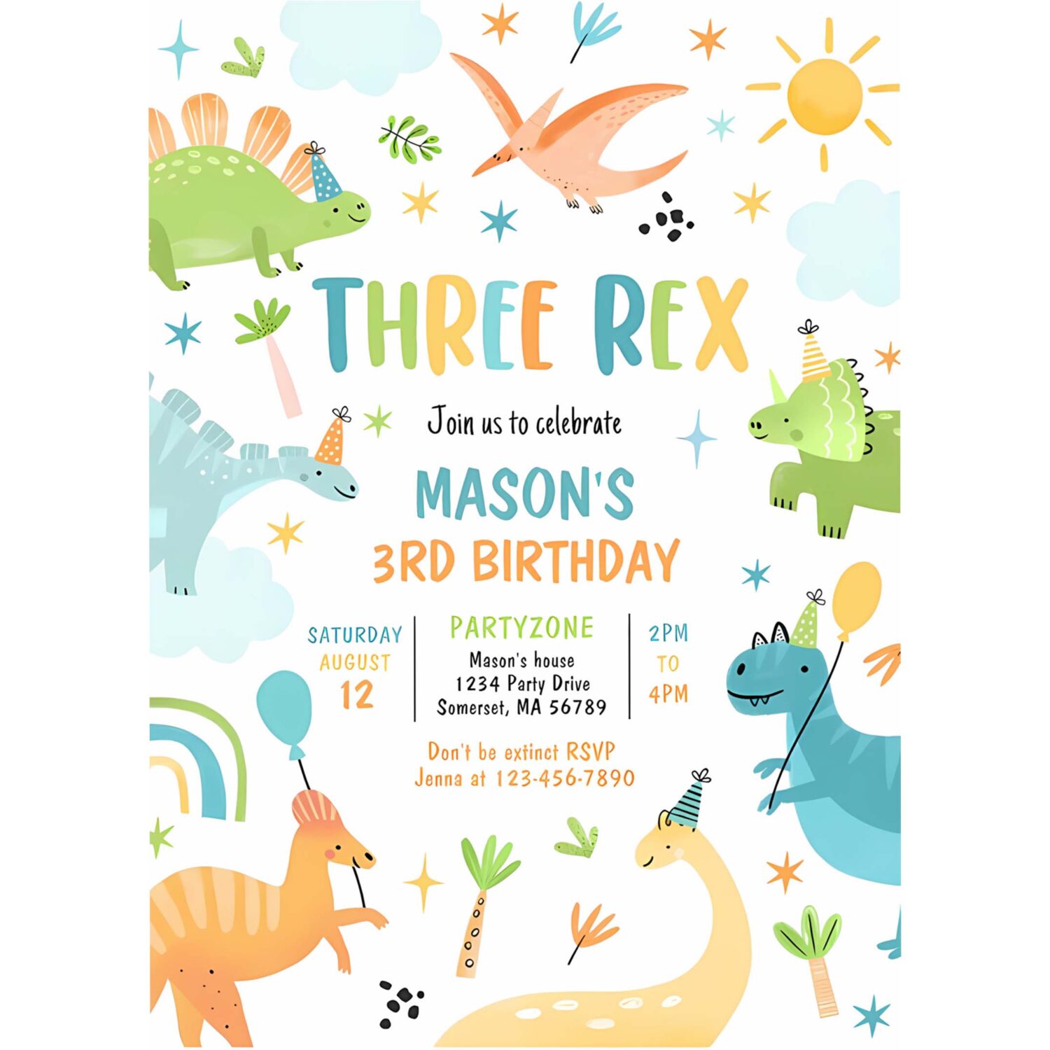Dinosaur three rex 3rd birthday party invitation f50t 4
