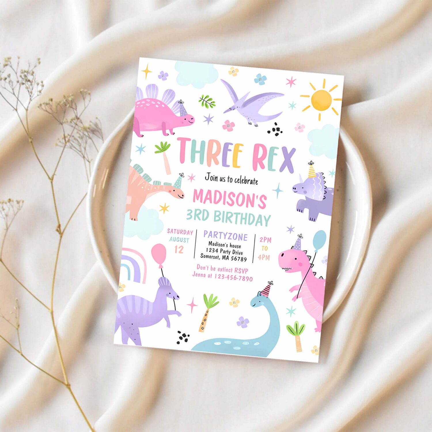 Dinosaur three rex 3rd birthday party invitation g70b 1