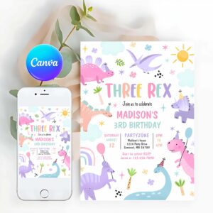Three Rex Invitation, Dinosaur Three Rex 3rd Birthday Party Invitation