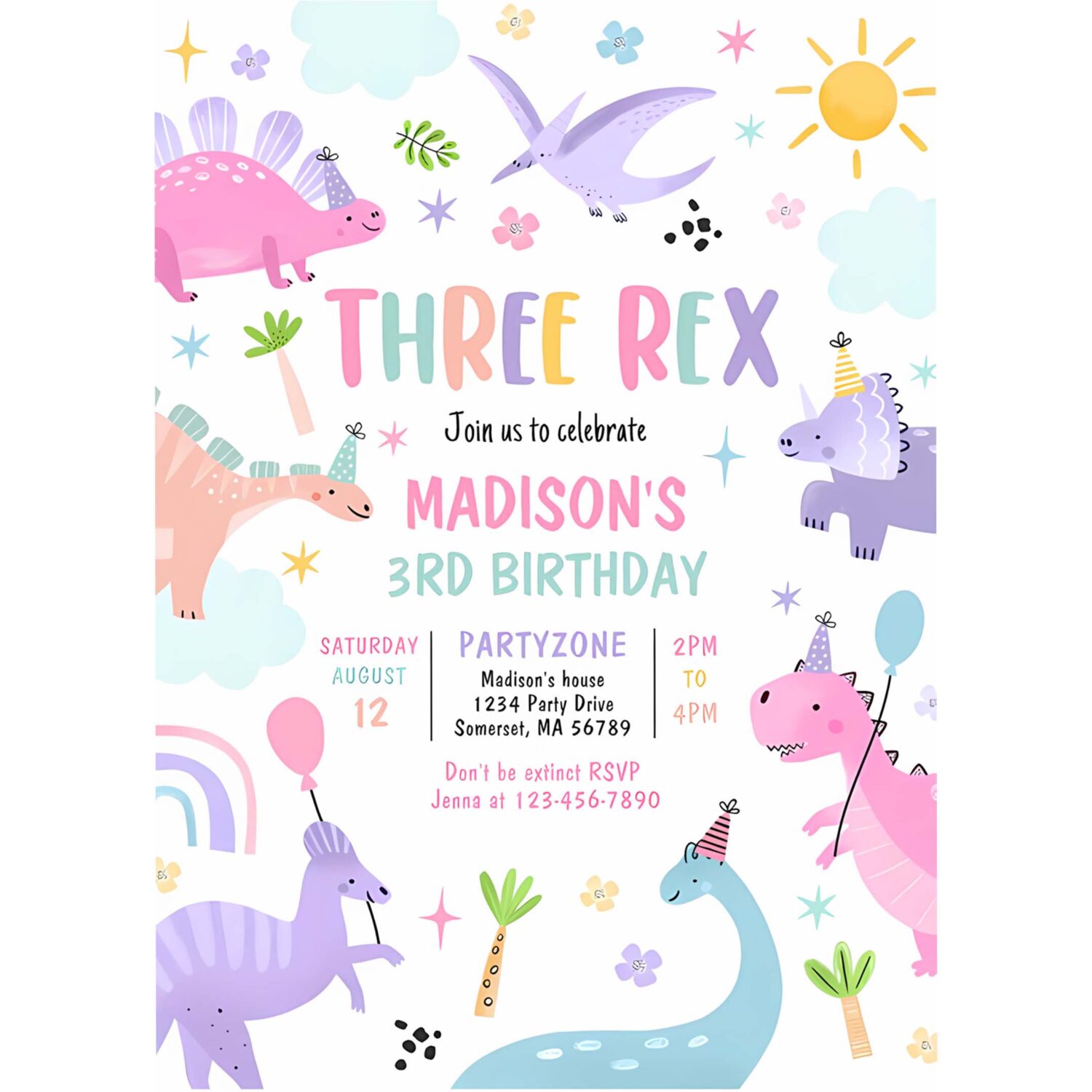 Dinosaur three rex 3rd birthday party invitation g70b 4