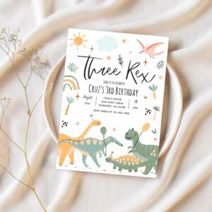 Dinosaur three rex 3rd birthday party invitation n74g 1