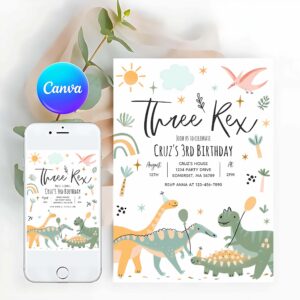 Three Rex Invitation, Dinosaur Three Rex 3rd Birthday Party Invitation