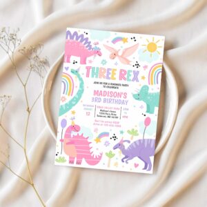 Dinosaur three rex 3rd birthday party invitation s23o 1