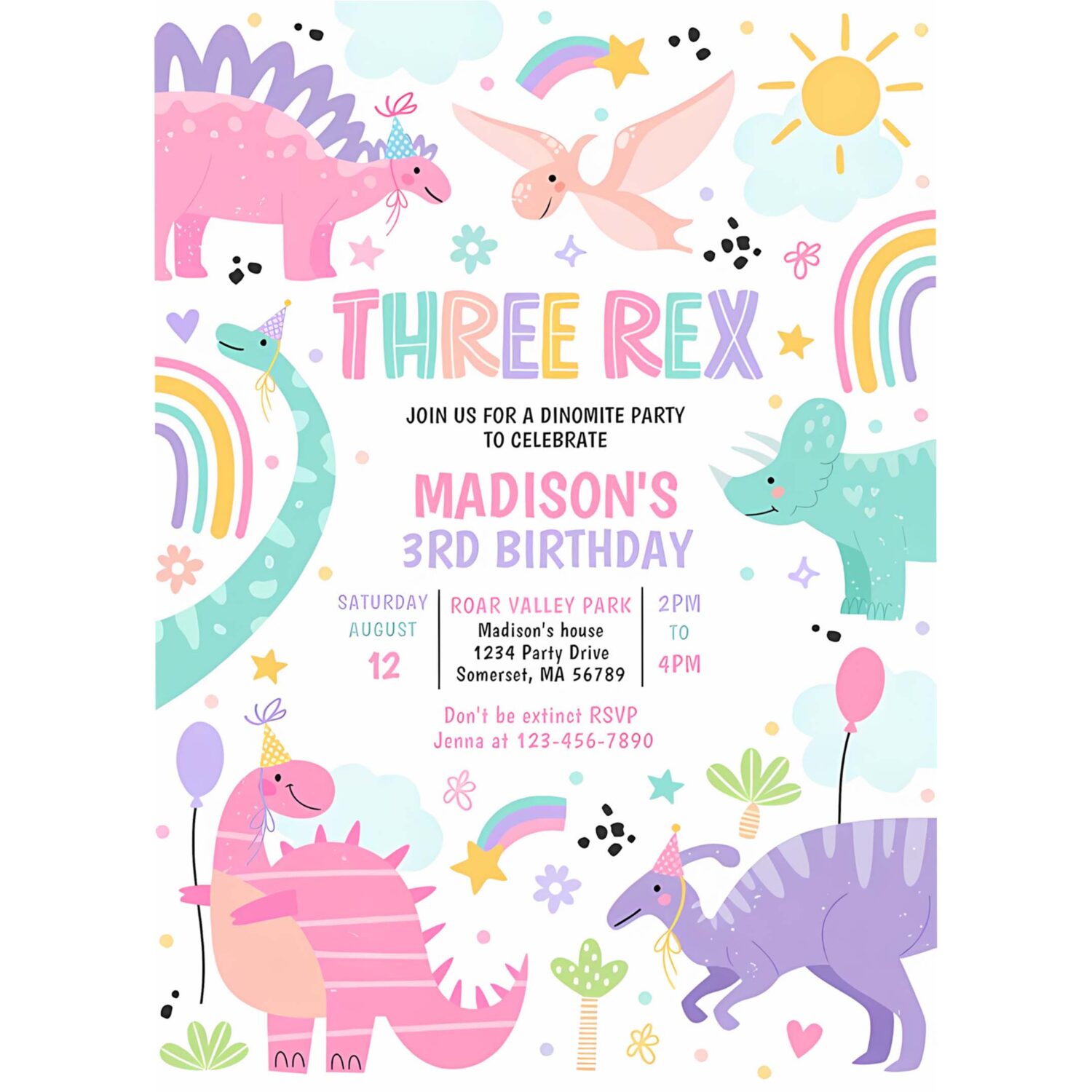 Dinosaur three rex 3rd birthday party invitation s23o 4