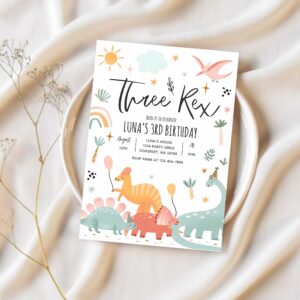 Dinosaur three rex 3rd birthday party invitation v12x 1