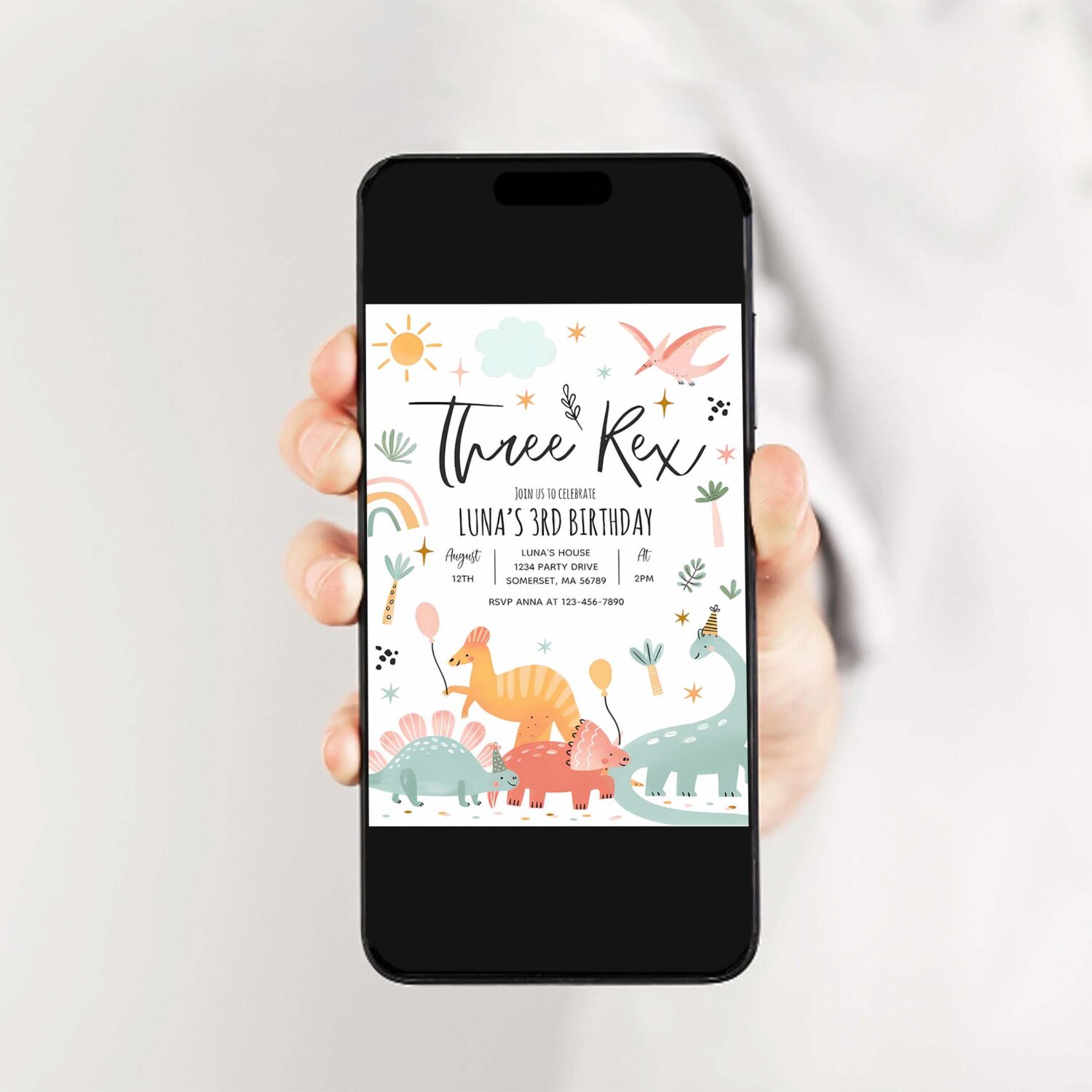 Dinosaur three rex 3rd birthday party invitation v12x 2