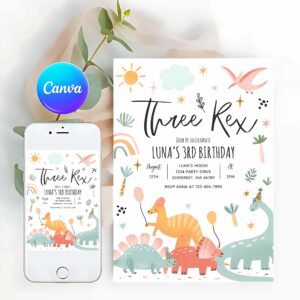 Three Rex Invitation, Dinosaur Three Rex 3rd Birthday Party Invitation