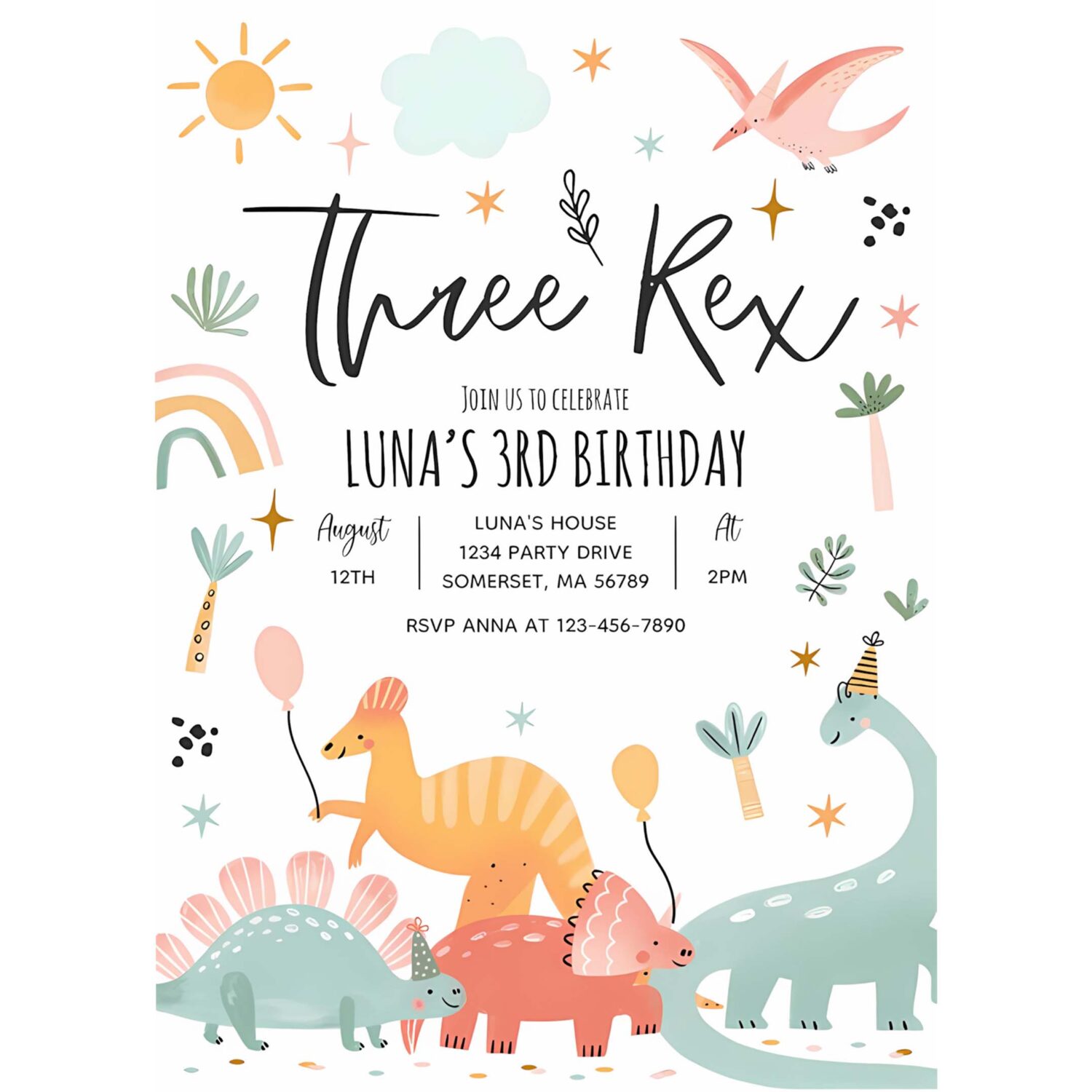 Dinosaur three rex 3rd birthday party invitation v12x 4