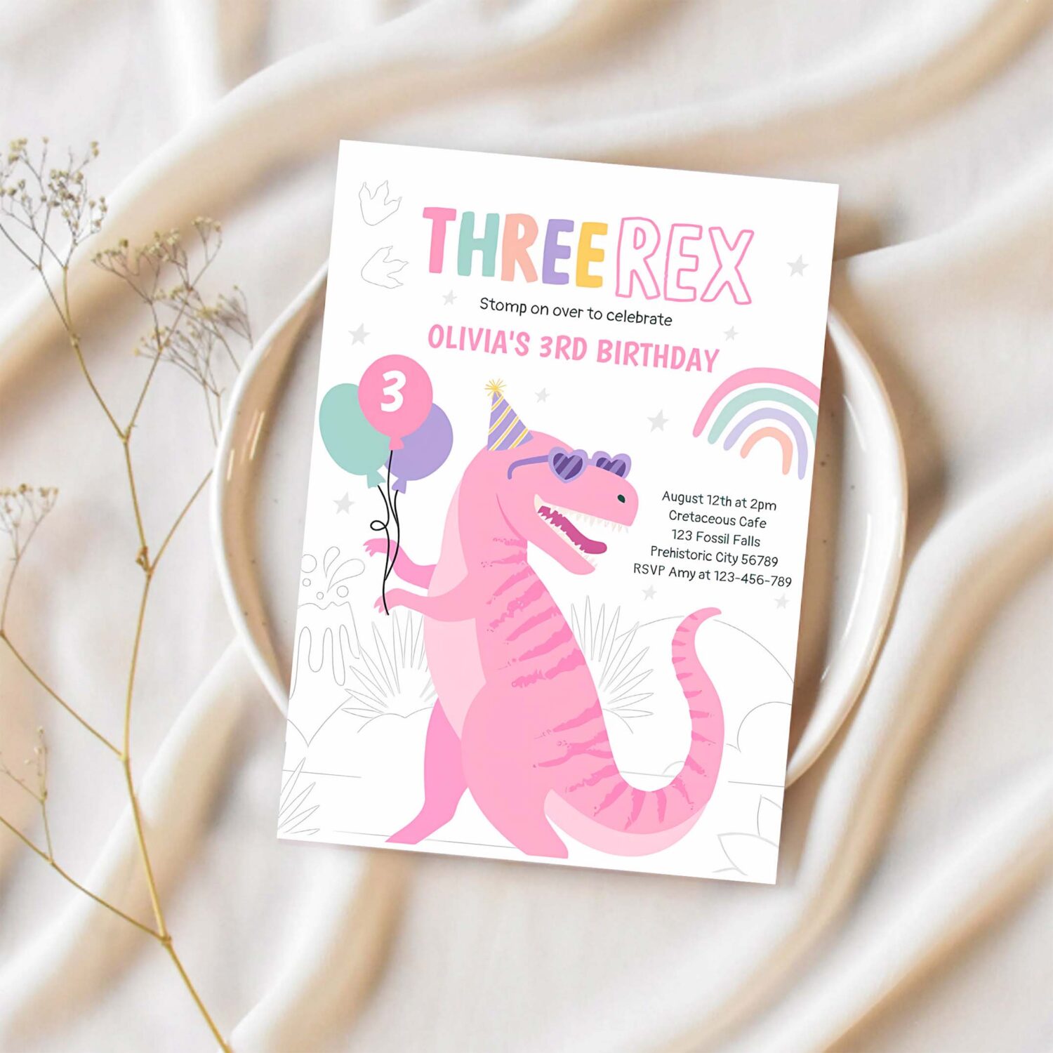 Dinosaur three rex 3rd birthday party pink t rex invitation u91t 1