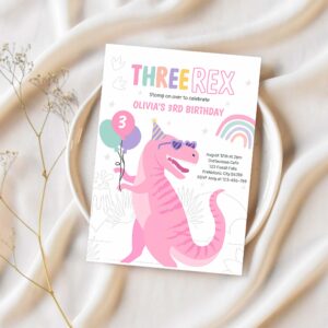 Dinosaur three rex 3rd birthday party pink t rex invitation u91t 1