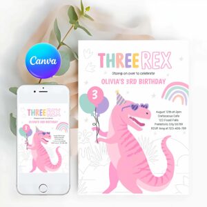 Three Rex Invitation, Dinosaur Three Rex 3rd Birthday Party Pink T-Rex Invitation