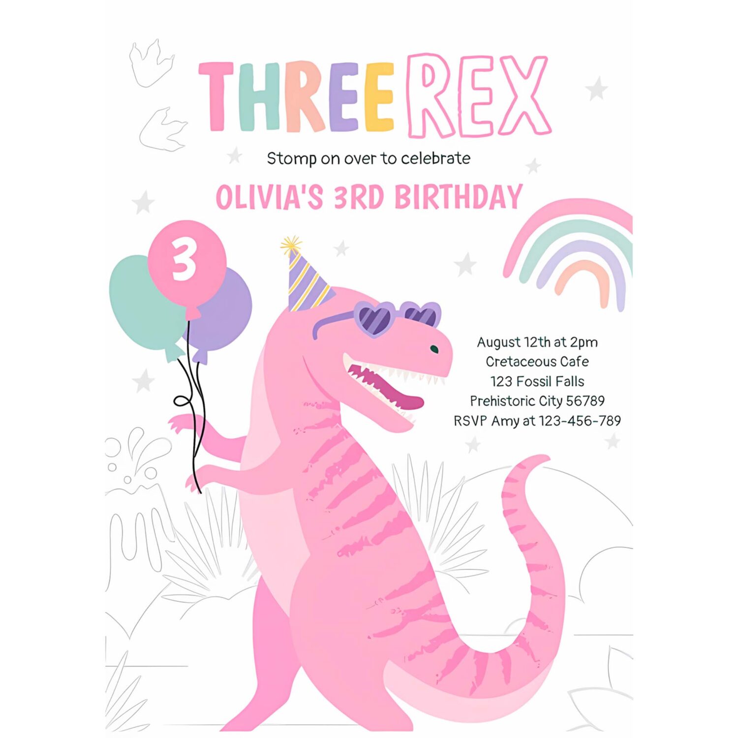 Dinosaur three rex 3rd birthday party pink t rex invitation u91t 4