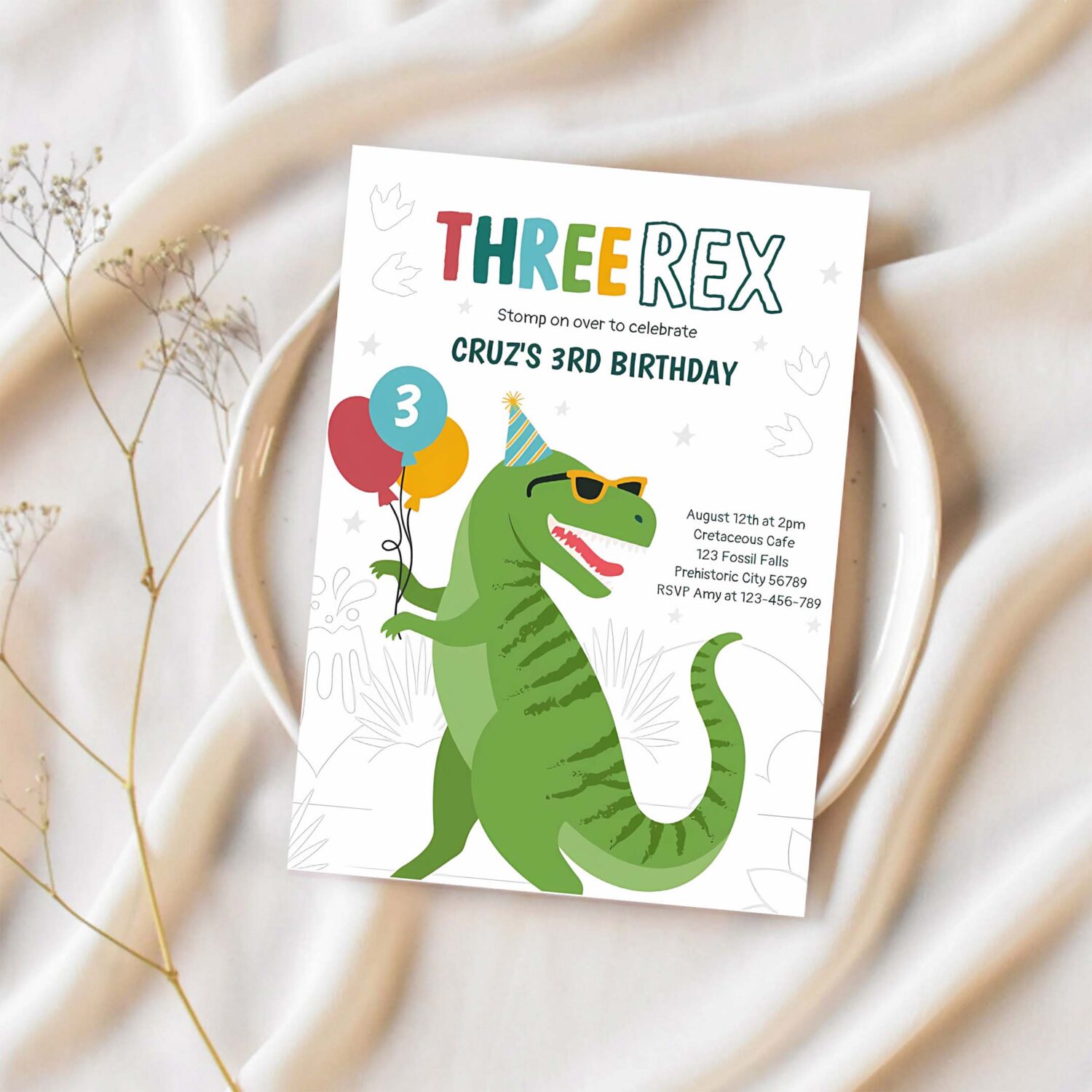 Dinosaur three rex 3rd birthday party t rex invitation y42i 1