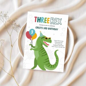 Dinosaur three rex 3rd birthday party t rex invitation y42i 1