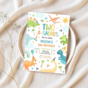 Dinosaur two a saurus 2nd birthday party invitation h16z 1