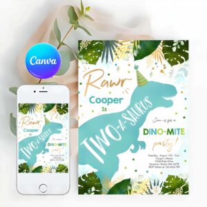 Dinosaur Invitation, Dinosaur Two-A-Saurus Party Dinosaur 2nd Birthday Invitation