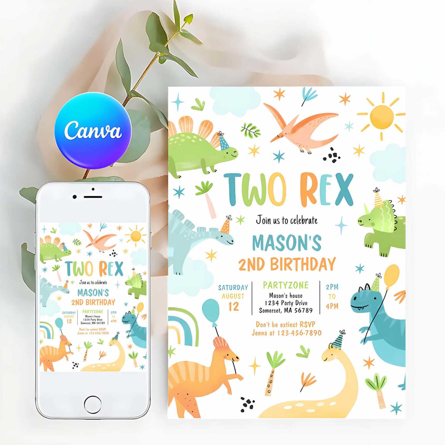 Dinosaur two rex 2nd birthday party invitation f29t