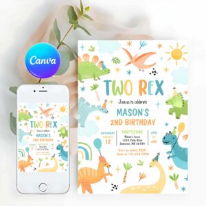 Two Rex Invitation, Dinosaur Two Rex 2nd Birthday Party Invitation