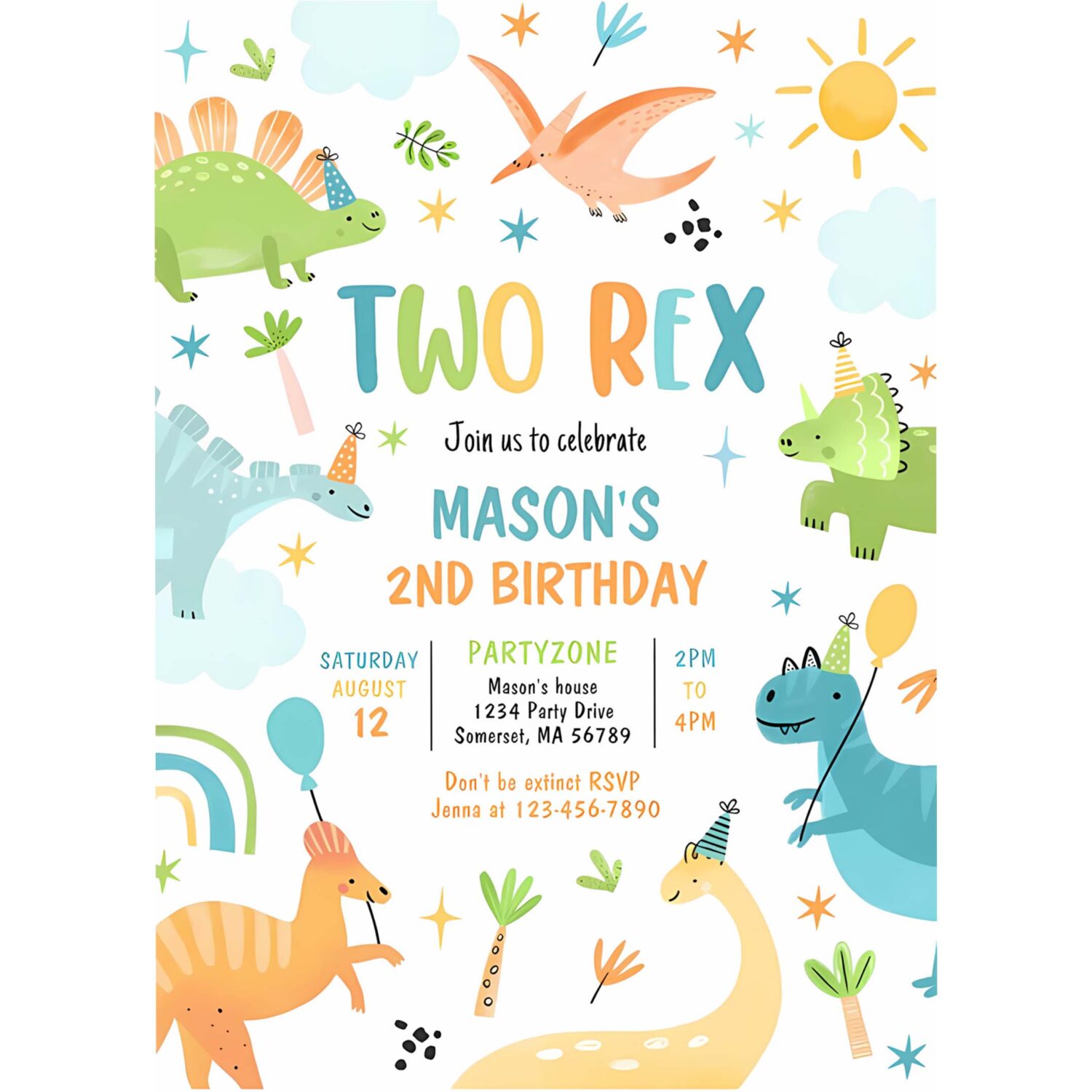 Dinosaur two rex 2nd birthday party invitation f29t 4