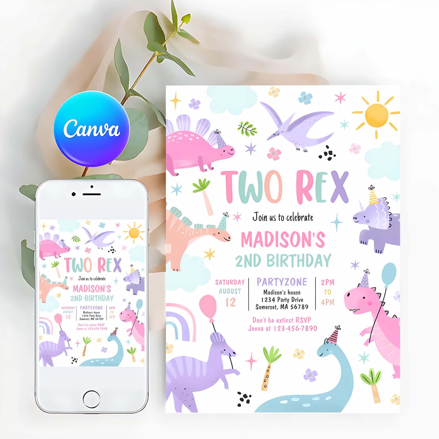 Dinosaur two rex 2nd birthday party invitation y42q