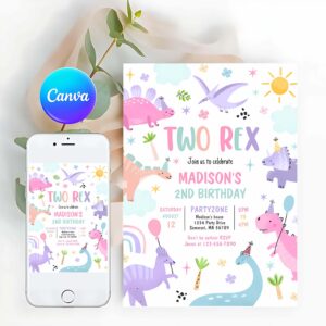 Two Rex Invitation, Dinosaur Two Rex 2nd Birthday Party Invitation