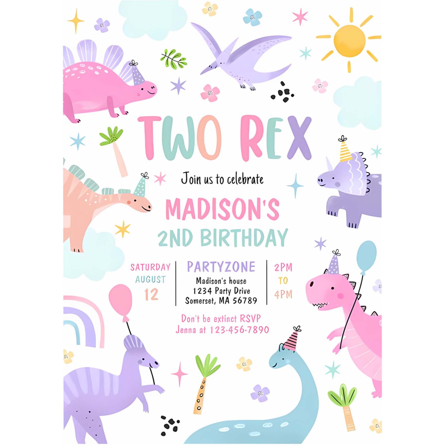 Dinosaur two rex 2nd birthday party invitation y42q 4