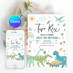 Two Rex Invitation, Dinosaur Two Rex 2nd Birthday Party Invitation