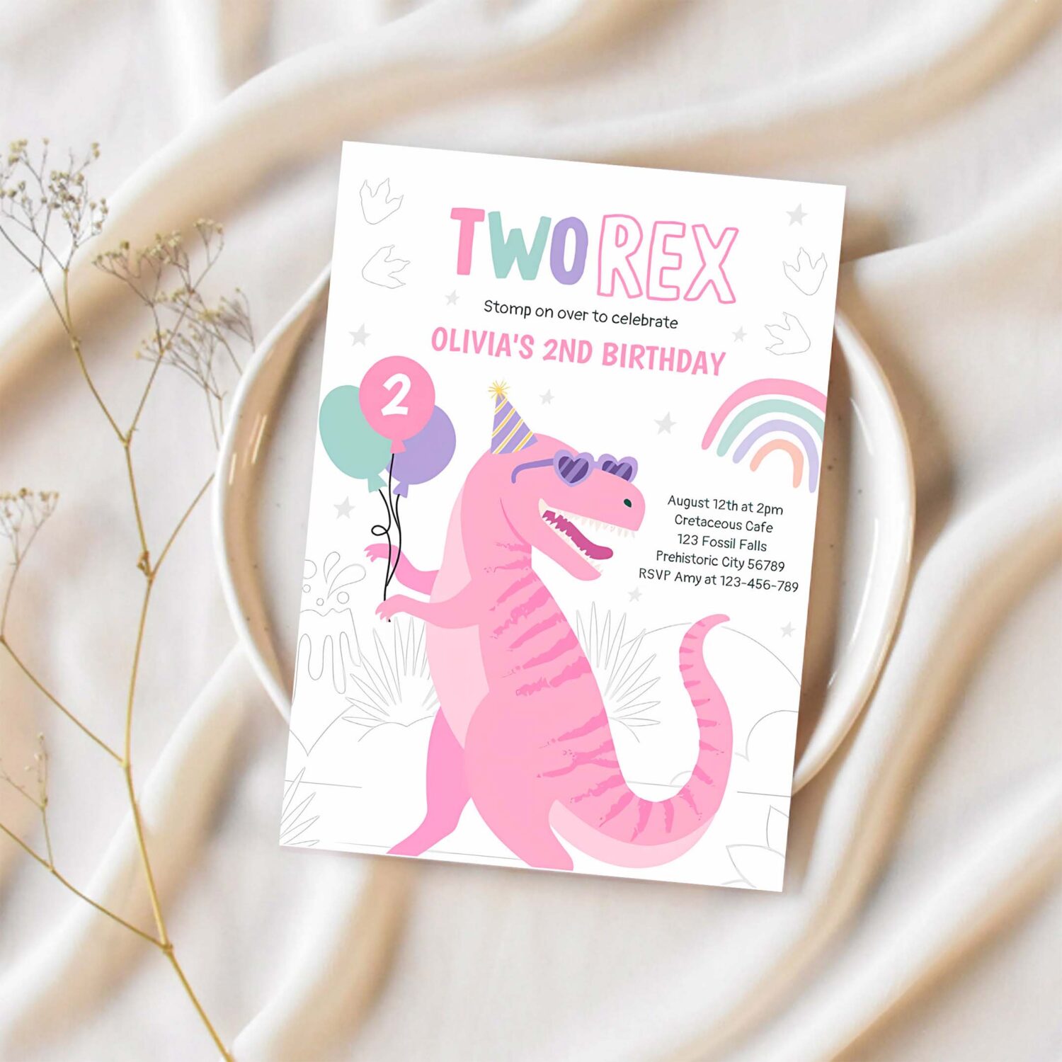 Dinosaur two rex 2nd birthday party pink t rex invitation s99a 1