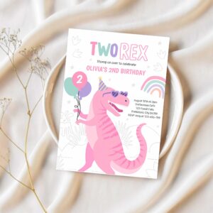 Dinosaur two rex 2nd birthday party pink t rex invitation s99a 1