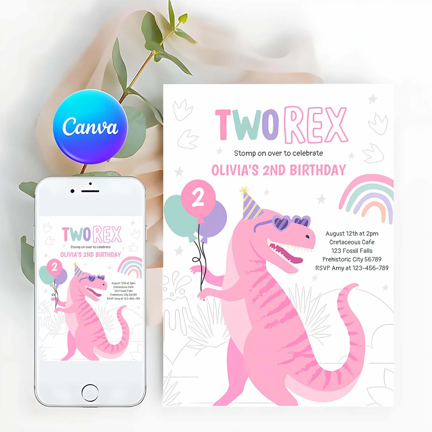 Dinosaur two rex 2nd birthday party pink t rex invitation s99a
