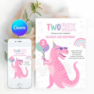 Two Rex Invitation, Dinosaur Two Rex 2nd Birthday Party Pink T-Rex Invitation
