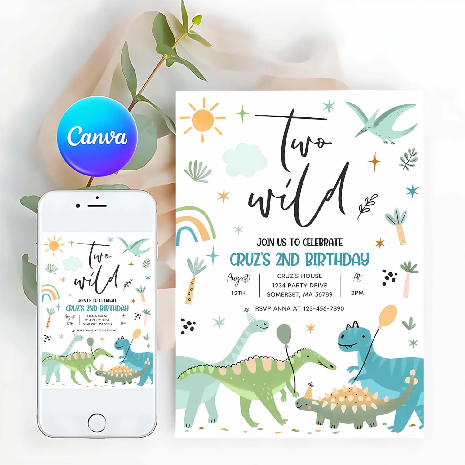 Dinosaur two wild 2nd birthday party invitation o70l