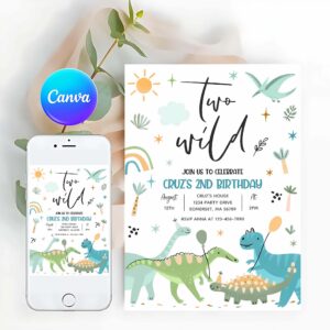 Two Wild Invitation, Dinosaur Two Wild 2nd Birthday Party Invitation
