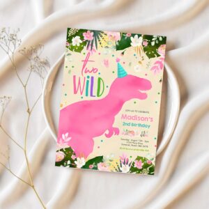 Dinosaur two wild birthday pink dinosaur birthday invitation c54m 1