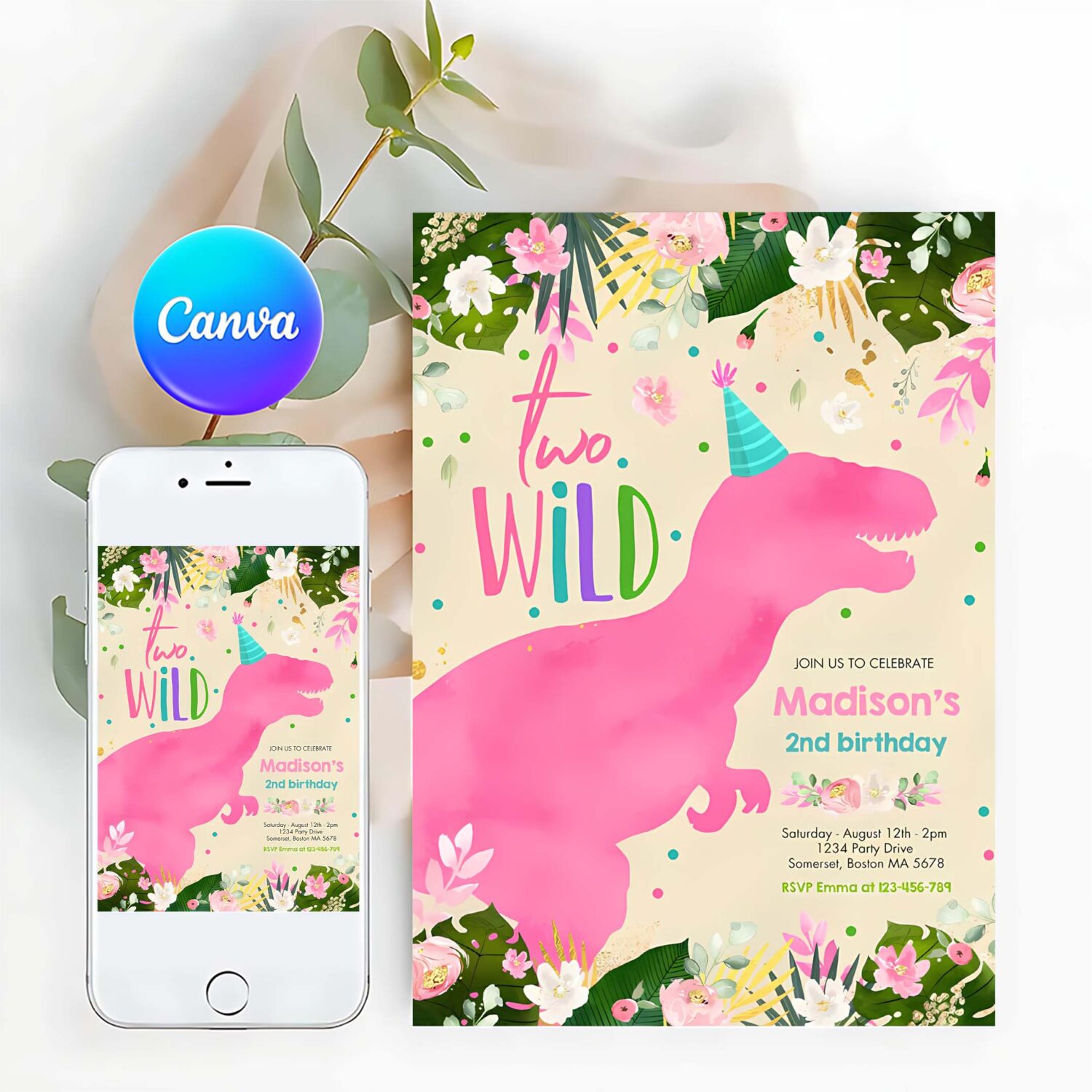 Dinosaur two wild birthday pink dinosaur birthday invitation c54m