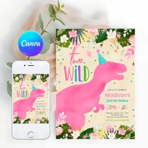 Two Wild Invitation, Dinosaur Two Wild Birthday Pink Dinosaur Birthday Invitation