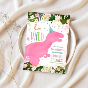 Dinosaur two wild birthday pink dinosaur birthday invitation n67k 1