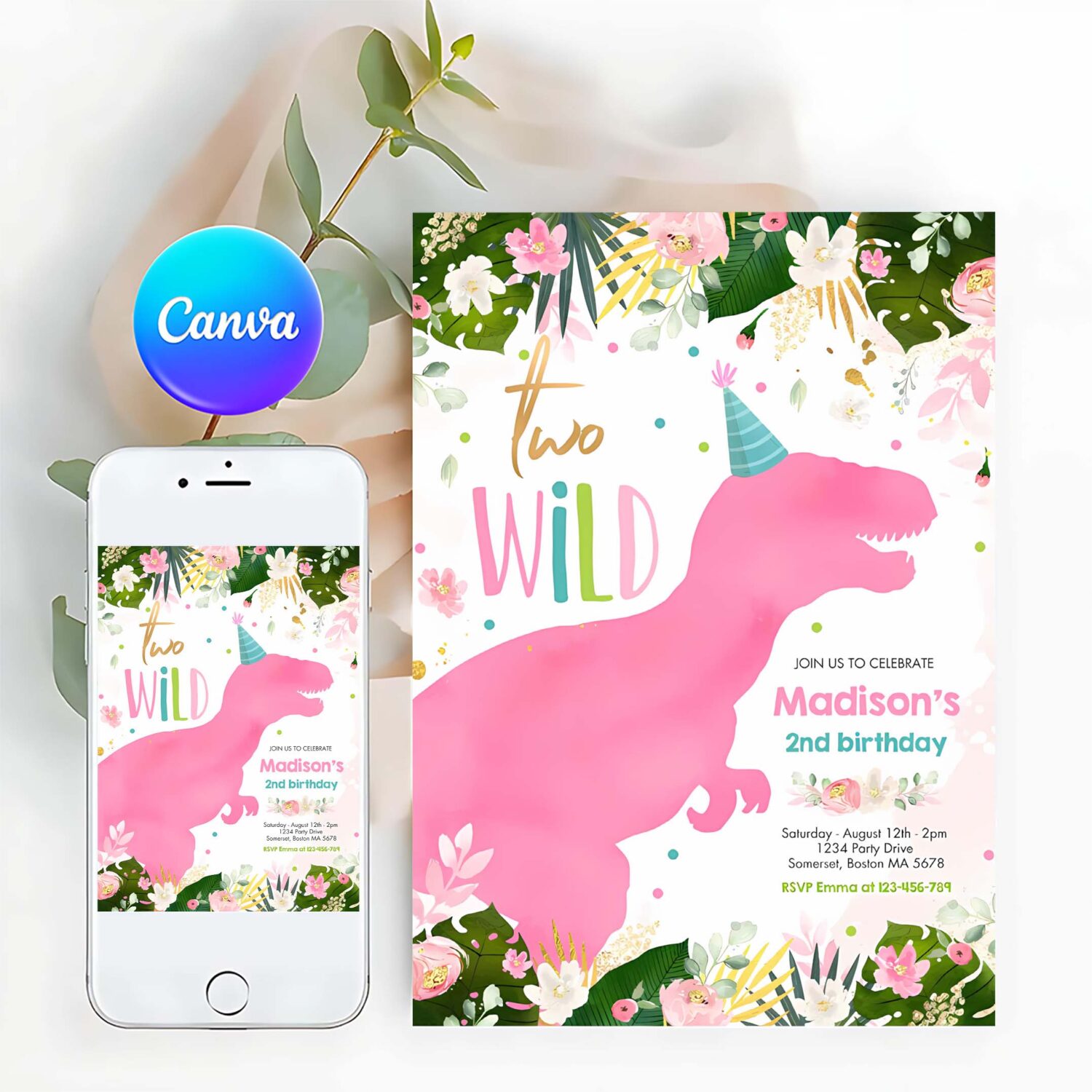 Dinosaur two wild birthday pink dinosaur birthday invitation n67k