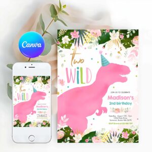 Two Wild Invitation, Dinosaur Two Wild Birthday Pink Dinosaur Birthday Invitation