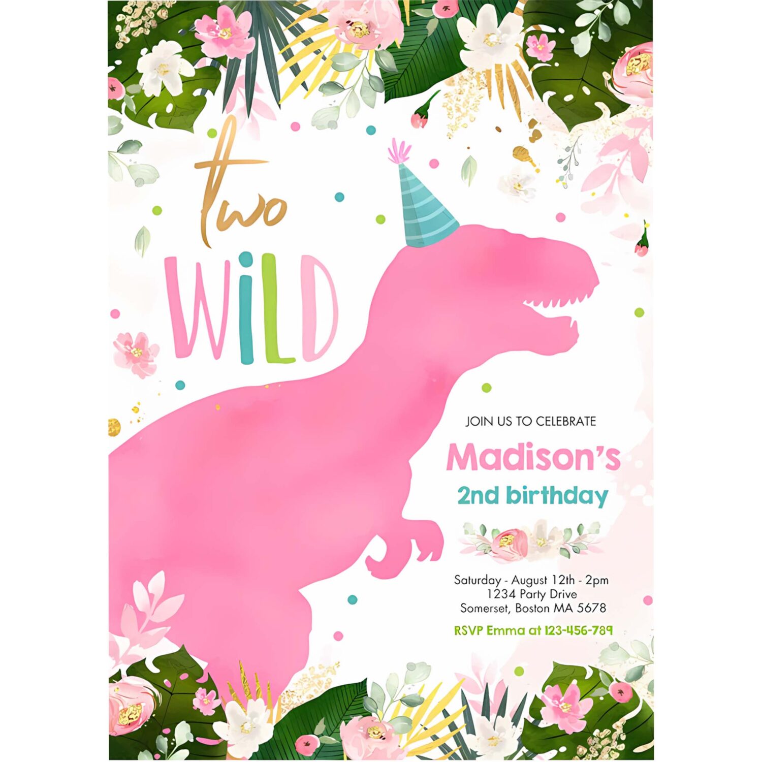 Dinosaur two wild birthday pink dinosaur birthday invitation n67k 4