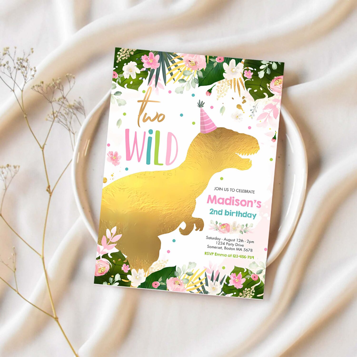 Dinosaur two wild birthday pink dinosaur birthday invitation r16s 1