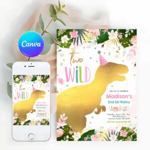 Two Wild Invitation, Dinosaur Two Wild Birthday Pink Dinosaur Birthday Invitation