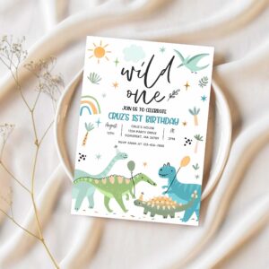 Dinosaur wild one 1st t rex birthday party invitation n94s 1