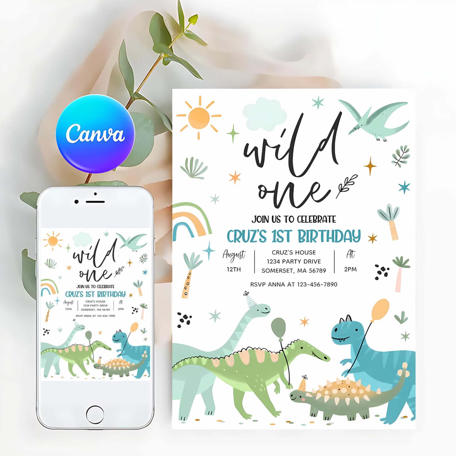 Dinosaur wild one 1st t rex birthday party invitation n94s