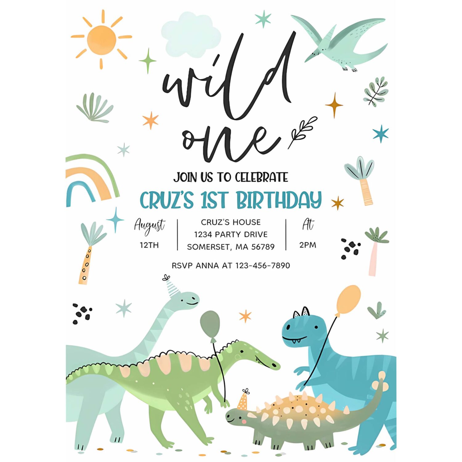 Dinosaur wild one 1st t rex birthday party invitation n94s 4